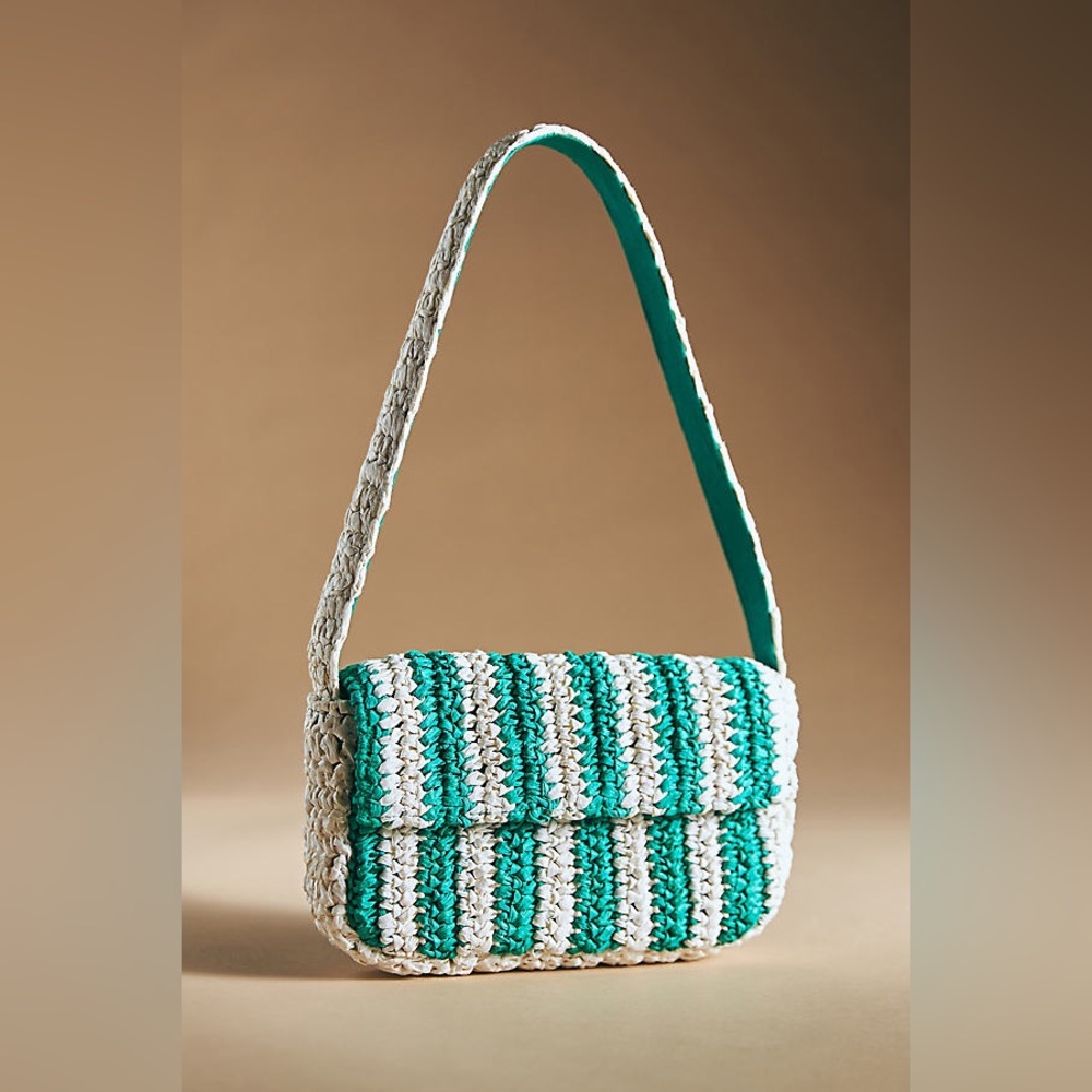 Anthropologie Fiona‎ green striped raffia shoulder bag